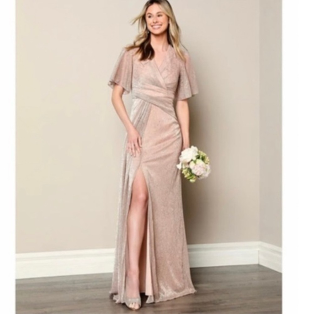 Adrianna Papell Floral Metallic Mesh Draped Gown in Rose Gold Size 6 - Picture 1 of 6